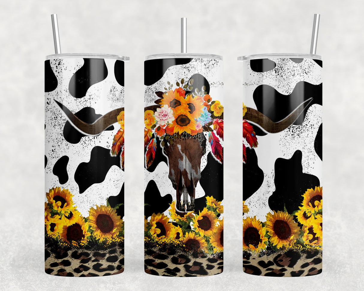 Cow Print Bull Skull|Skinny Tumbler|Optional Bluetooth Speaker| Speaker Color Varies by Rowdy Ridge Co