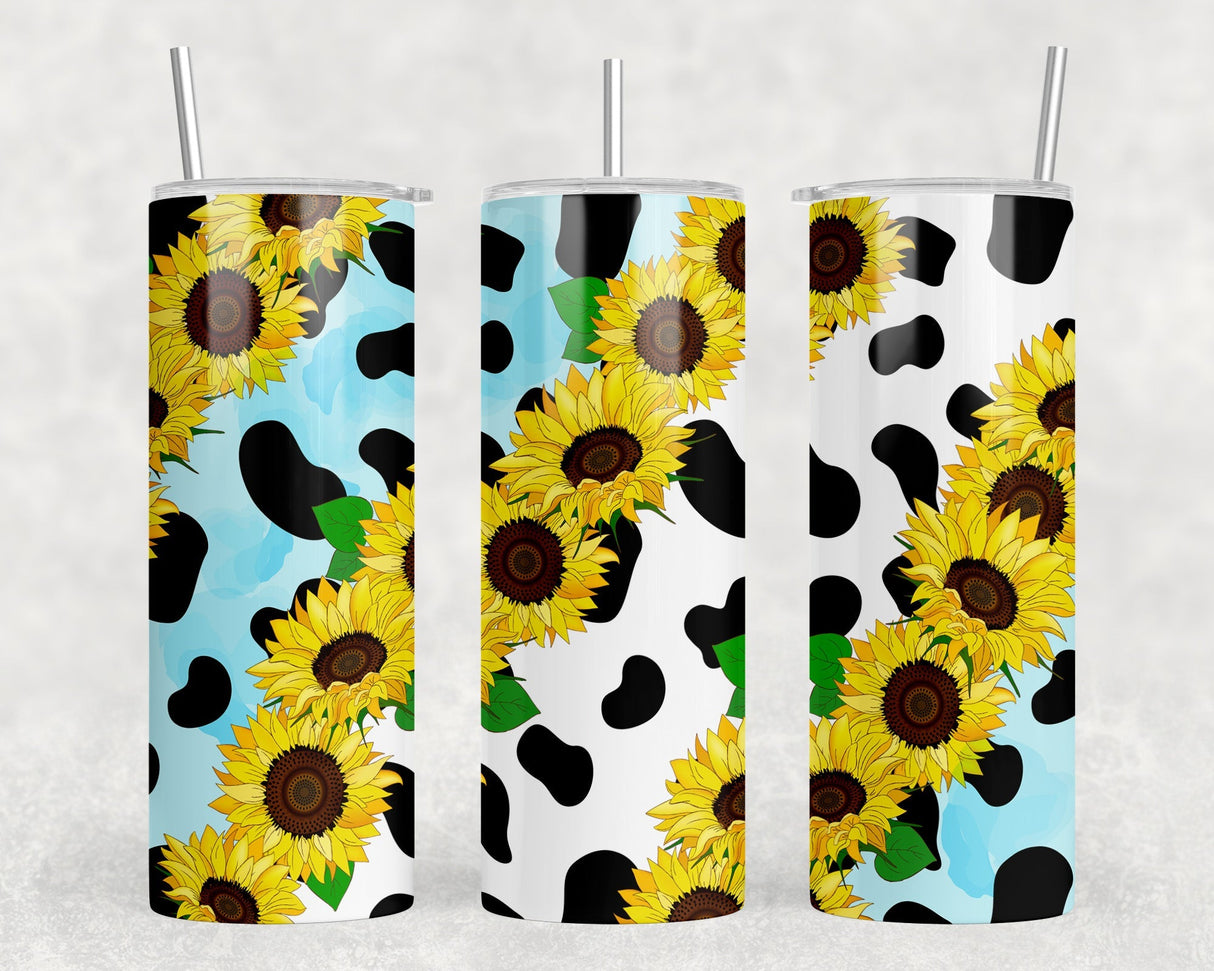 Cow Print Sunflowers - 20 oz Steel Skinny Tumbler - Optional Blue Tooth Speaker - Speaker Color will Vary by Rowdy Ridge Co