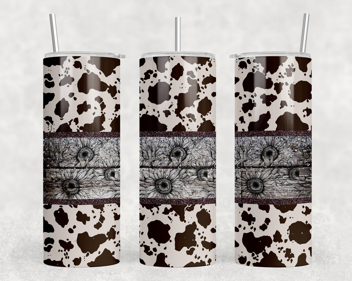 Cow Print Sunflowers - 20 oz Steel Skinny Tumbler - Optional Blue Tooth Speaker - Speaker Color will Vary by Rowdy Ridge Co