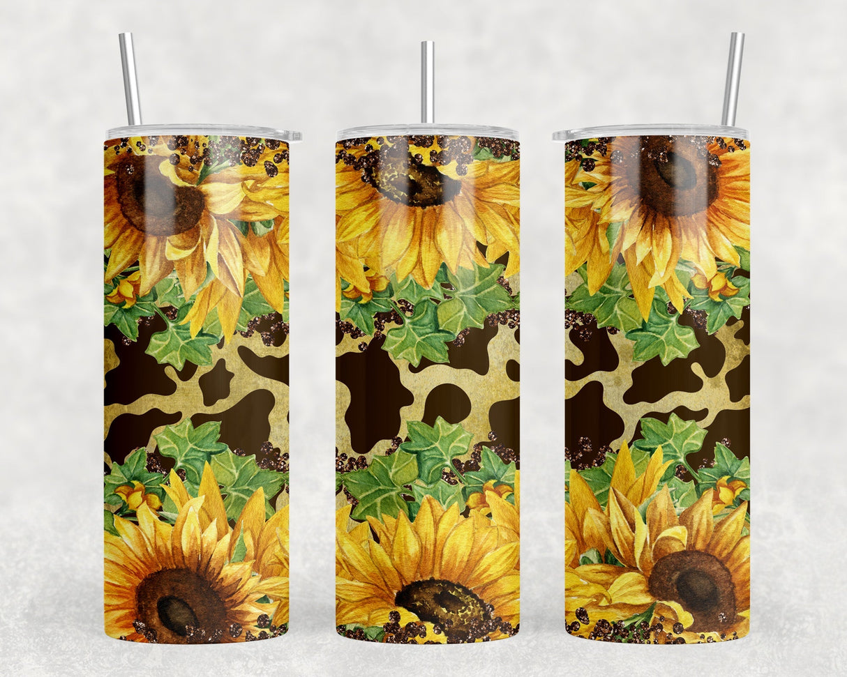 Cow Print Sunflowers - 20 oz Steel Skinny Tumbler - Optional Blue Tooth Speaker - Speaker Color will Vary by Rowdy Ridge Co