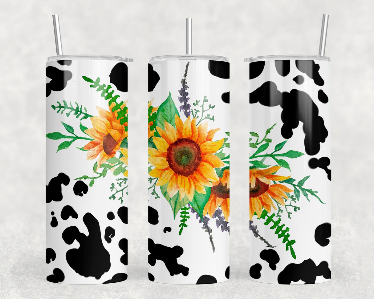 Cow Print Sunflowers - 20 oz Steel Skinny Tumbler - Optional Blue Tooth Speaker - Speaker Color will Vary by Rowdy Ridge Co