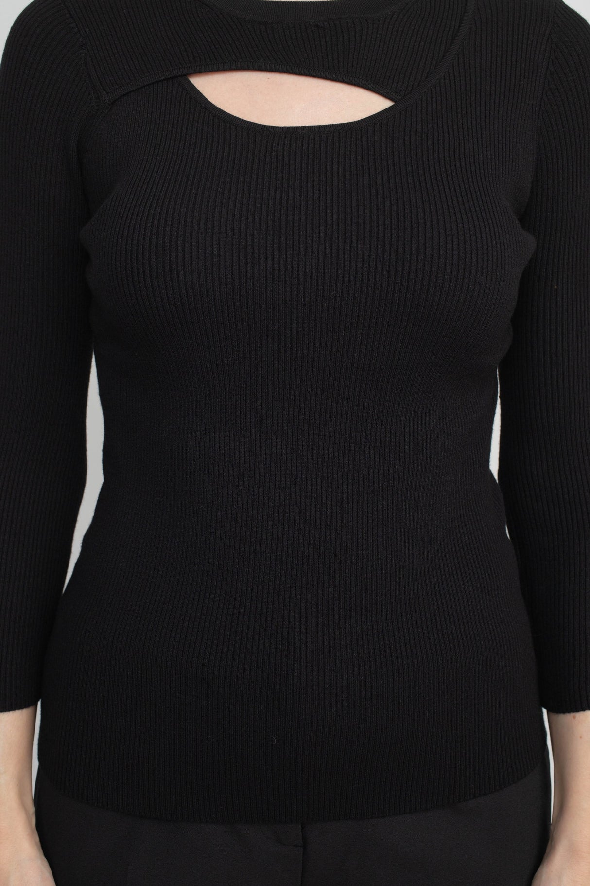 Joan Vass NY Crew Neck 3/4 Sleeve Ribbed Pullover Cutout Chest Detail Knit Top by Curated Brands