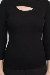 Joan Vass NY Crew Neck 3/4 Sleeve Ribbed Pullover Cutout Chest Detail Knit Top by Curated Brands