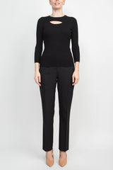 Joan Vass NY Crew Neck 3/4 Sleeve Ribbed Pullover Cutout Chest Detail Knit Top by Curated Brands