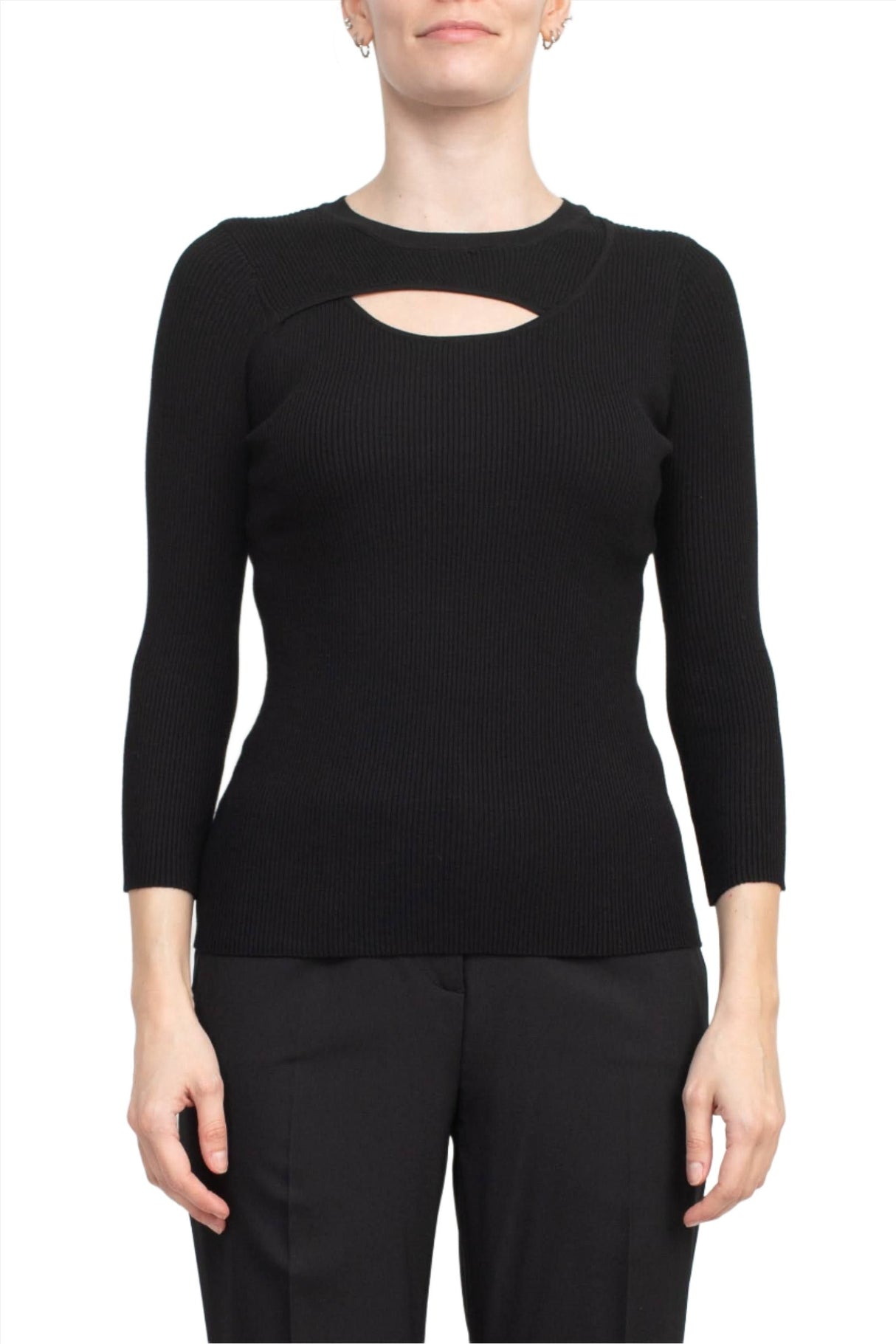 Joan Vass NY Crew Neck 3/4 Sleeve Ribbed Pullover Cutout Chest Detail Knit Top by Curated Brands