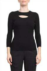 Joan Vass NY Crew Neck 3/4 Sleeve Ribbed Pullover Cutout Chest Detail Knit Top by Curated Brands