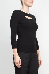 Joan Vass NY Crew Neck 3/4 Sleeve Ribbed Pullover Cutout Chest Detail Knit Top by Curated Brands