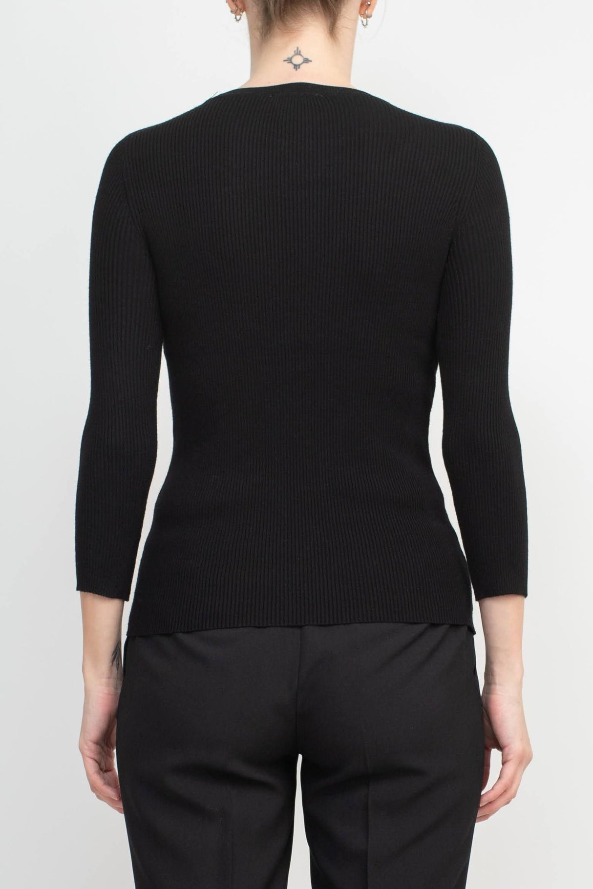 Joan Vass NY Crew Neck 3/4 Sleeve Ribbed Pullover Cutout Chest Detail Knit Top by Curated Brands