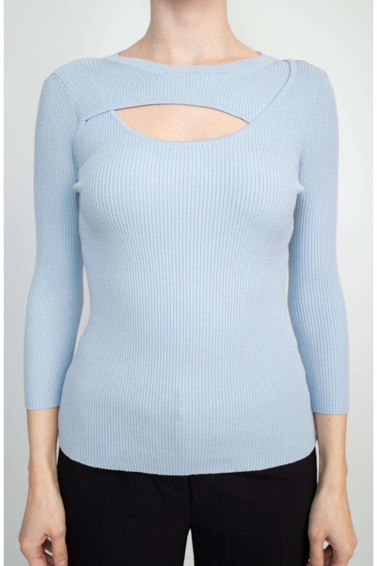 Joan Vass NY Crew Neck 3/4 Sleeve Ribbed Pullover Cutout Chest Detail Knit Top by Curated Brands