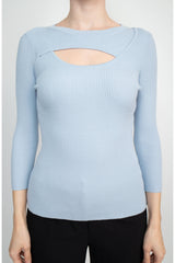 Joan Vass NY Crew Neck 3/4 Sleeve Ribbed Pullover Cutout Chest Detail Knit Top by Curated Brands