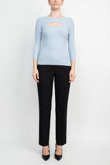 Joan Vass NY Crew Neck 3/4 Sleeve Ribbed Pullover Cutout Chest Detail Knit Top by Curated Brands