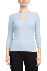 Joan Vass NY Crew Neck 3/4 Sleeve Ribbed Pullover Cutout Chest Detail Knit Top by Curated Brands