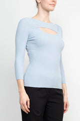 Joan Vass NY Crew Neck 3/4 Sleeve Ribbed Pullover Cutout Chest Detail Knit Top by Curated Brands