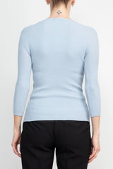 Joan Vass NY Crew Neck 3/4 Sleeve Ribbed Pullover Cutout Chest Detail Knit Top by Curated Brands