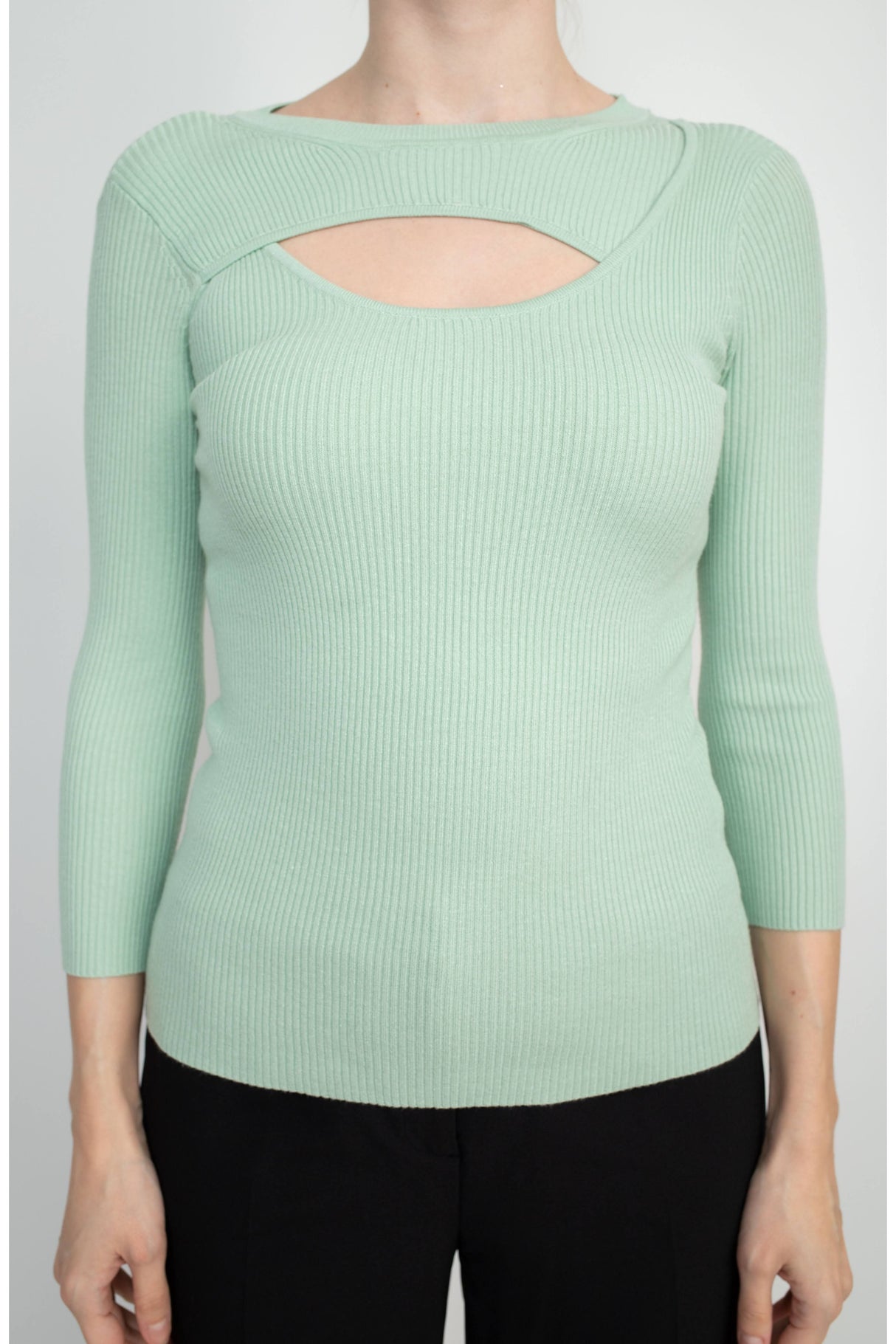 Joan Vass NY Crew Neck 3/4 Sleeve Ribbed Pullover Cutout Chest Detail Knit Top by Curated Brands