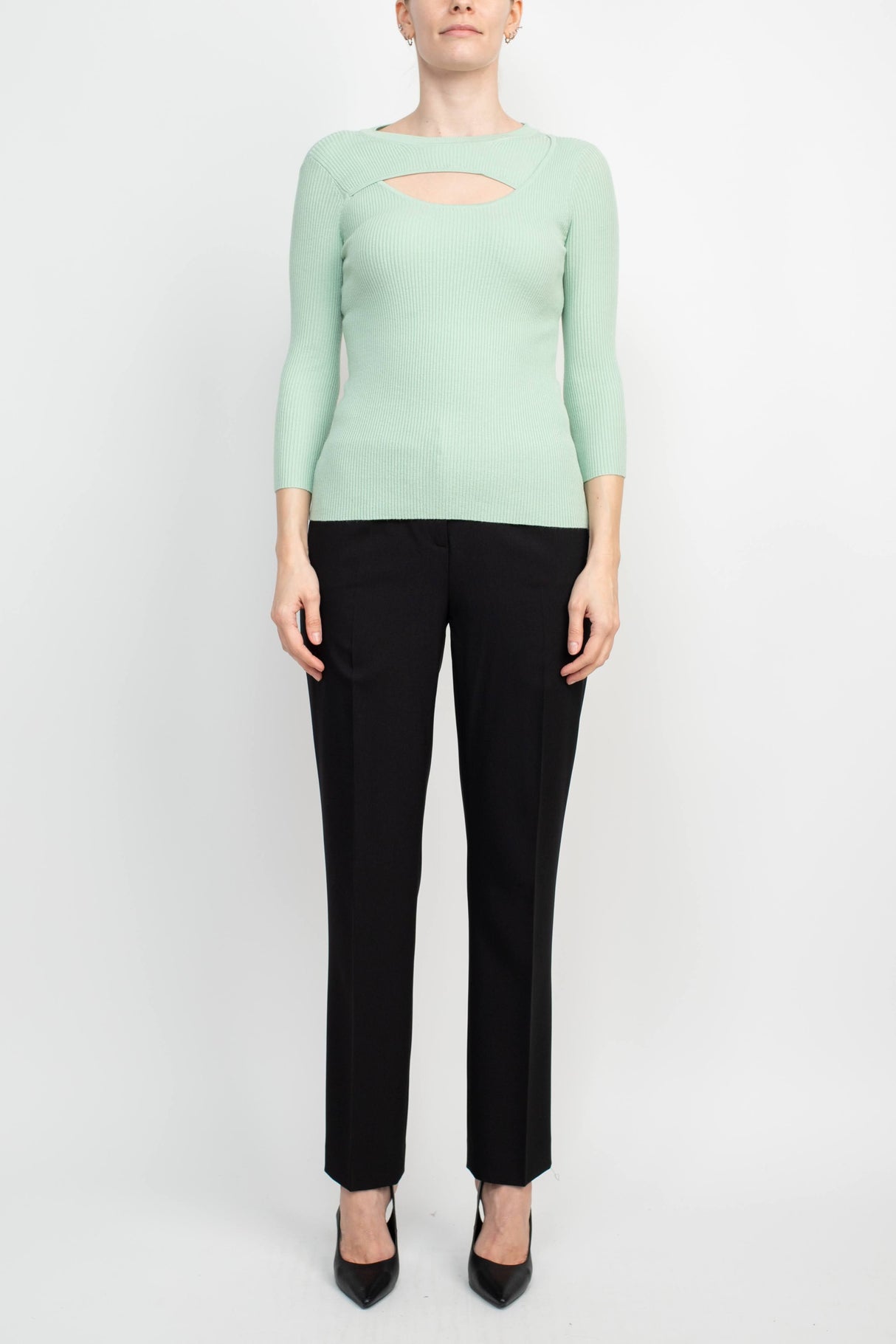 Joan Vass NY Crew Neck 3/4 Sleeve Ribbed Pullover Cutout Chest Detail Knit Top by Curated Brands