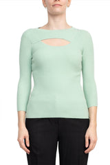 Joan Vass NY Crew Neck 3/4 Sleeve Ribbed Pullover Cutout Chest Detail Knit Top by Curated Brands