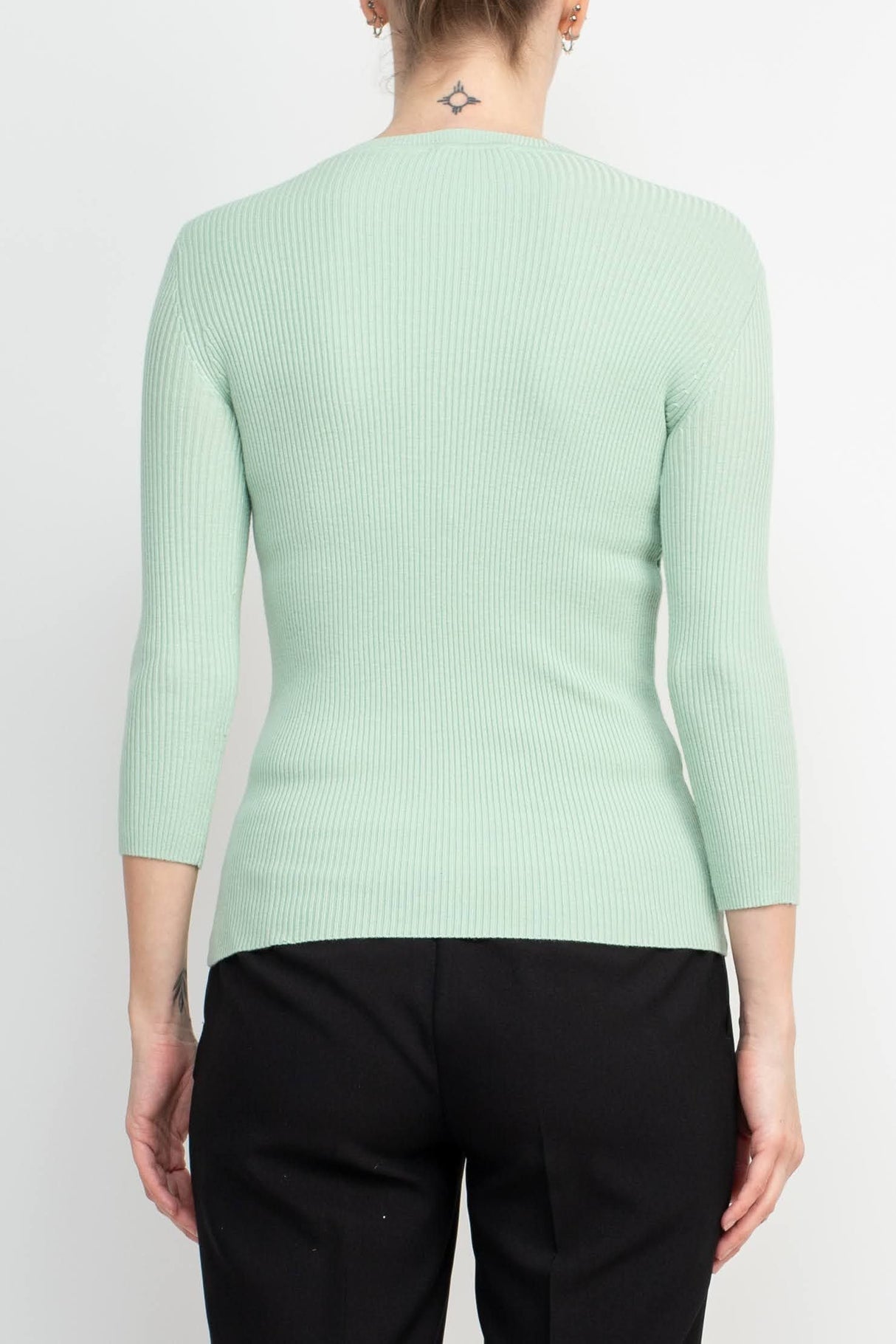 Joan Vass NY Crew Neck 3/4 Sleeve Ribbed Pullover Cutout Chest Detail Knit Top by Curated Brands