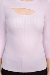 Joan Vass NY Crew Neck 3/4 Sleeve Ribbed Pullover Cutout Chest Detail Knit Top by Curated Brands