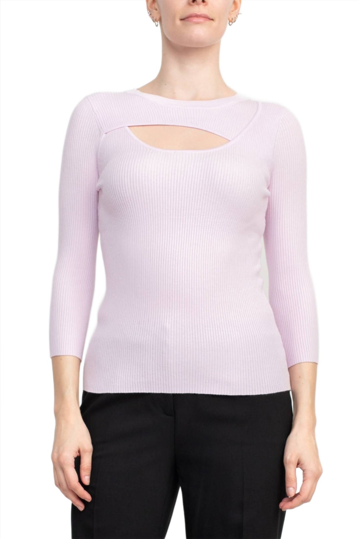 Joan Vass NY Crew Neck 3/4 Sleeve Ribbed Pullover Cutout Chest Detail Knit Top by Curated Brands