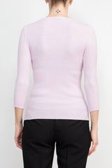 Joan Vass NY Crew Neck 3/4 Sleeve Ribbed Pullover Cutout Chest Detail Knit Top by Curated Brands