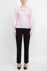 Joan Vass NY Crew Neck 3/4 Sleeve Ribbed Pullover Cutout Chest Detail Knit Top by Curated Brands