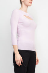 Joan Vass NY Crew Neck 3/4 Sleeve Ribbed Pullover Cutout Chest Detail Knit Top by Curated Brands