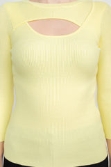 Joan Vass NY Crew Neck 3/4 Sleeve Ribbed Pullover Cutout Chest Detail Knit Top by Curated Brands