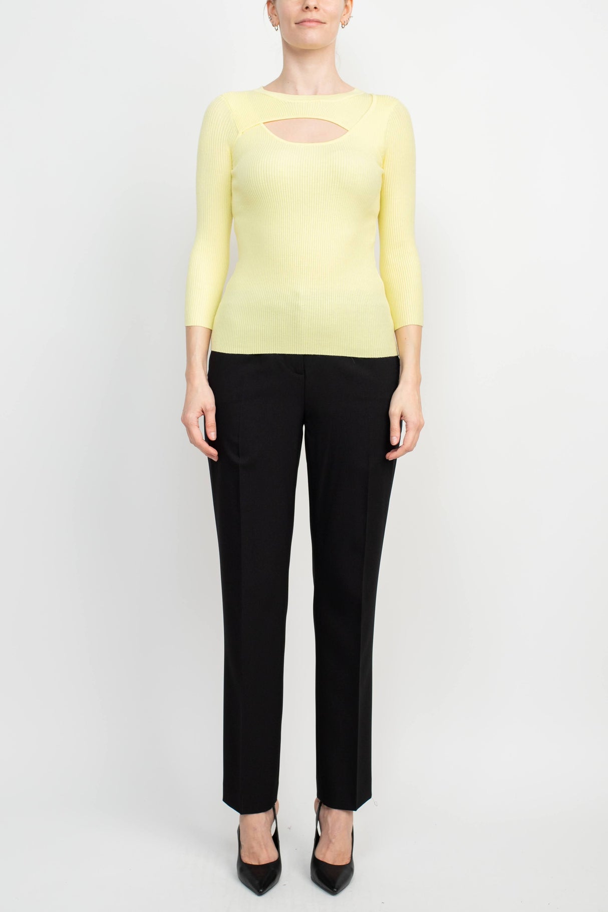 Joan Vass NY Crew Neck 3/4 Sleeve Ribbed Pullover Cutout Chest Detail Knit Top by Curated Brands