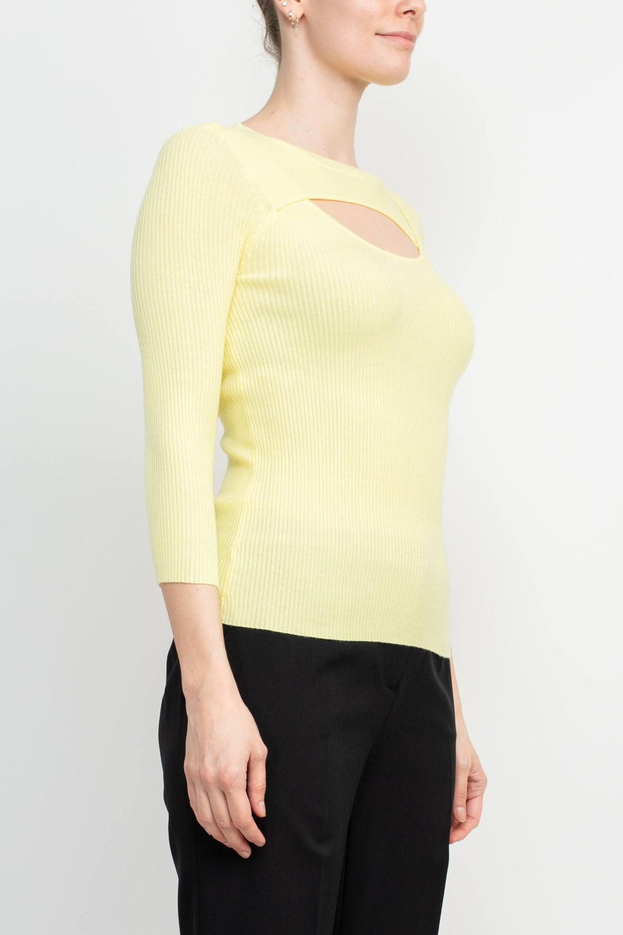 Joan Vass NY Crew Neck 3/4 Sleeve Ribbed Pullover Cutout Chest Detail Knit Top by Curated Brands