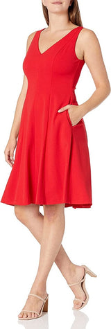 Donna Morgan V-Neck Sleeveless A-Line Zipper Back Solid Stretch Crepe Dress by Curated Brands