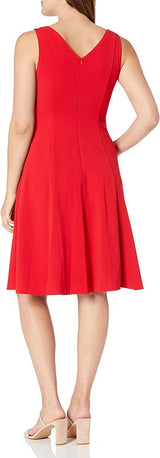 Donna Morgan V-Neck Sleeveless A-Line Zipper Back Solid Stretch Crepe Dress by Curated Brands