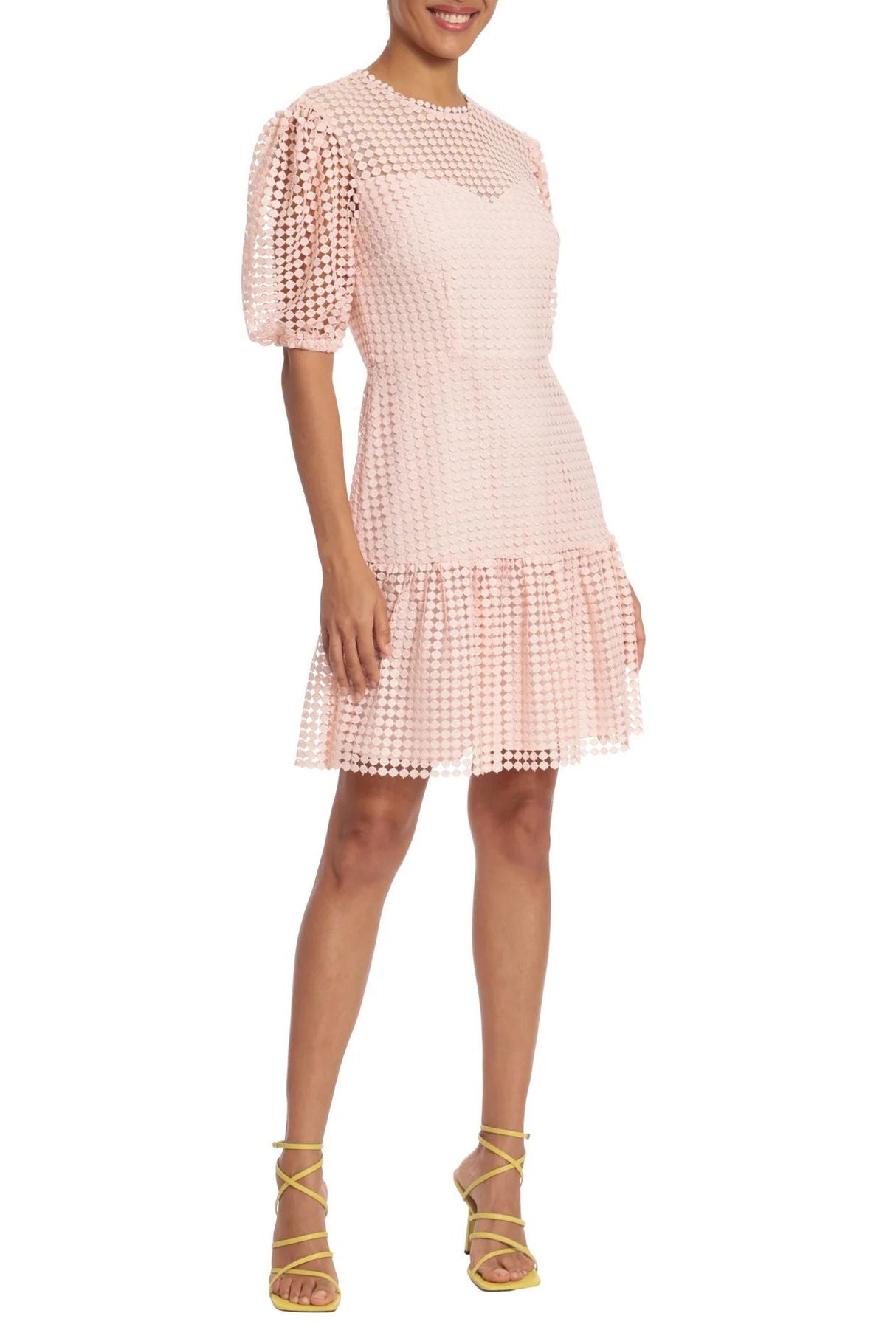 Donna Morgan Crew Neck Short Puff Sleeves Back Zipper Short Lace Dress by Curated Brands