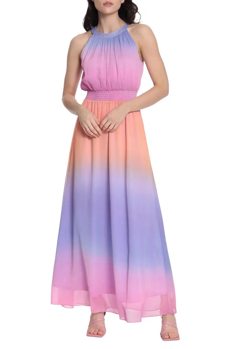 Donna Morgan Halter Neck Sleeveless Back Zipper Long Chiffon Dress by Curated Brands