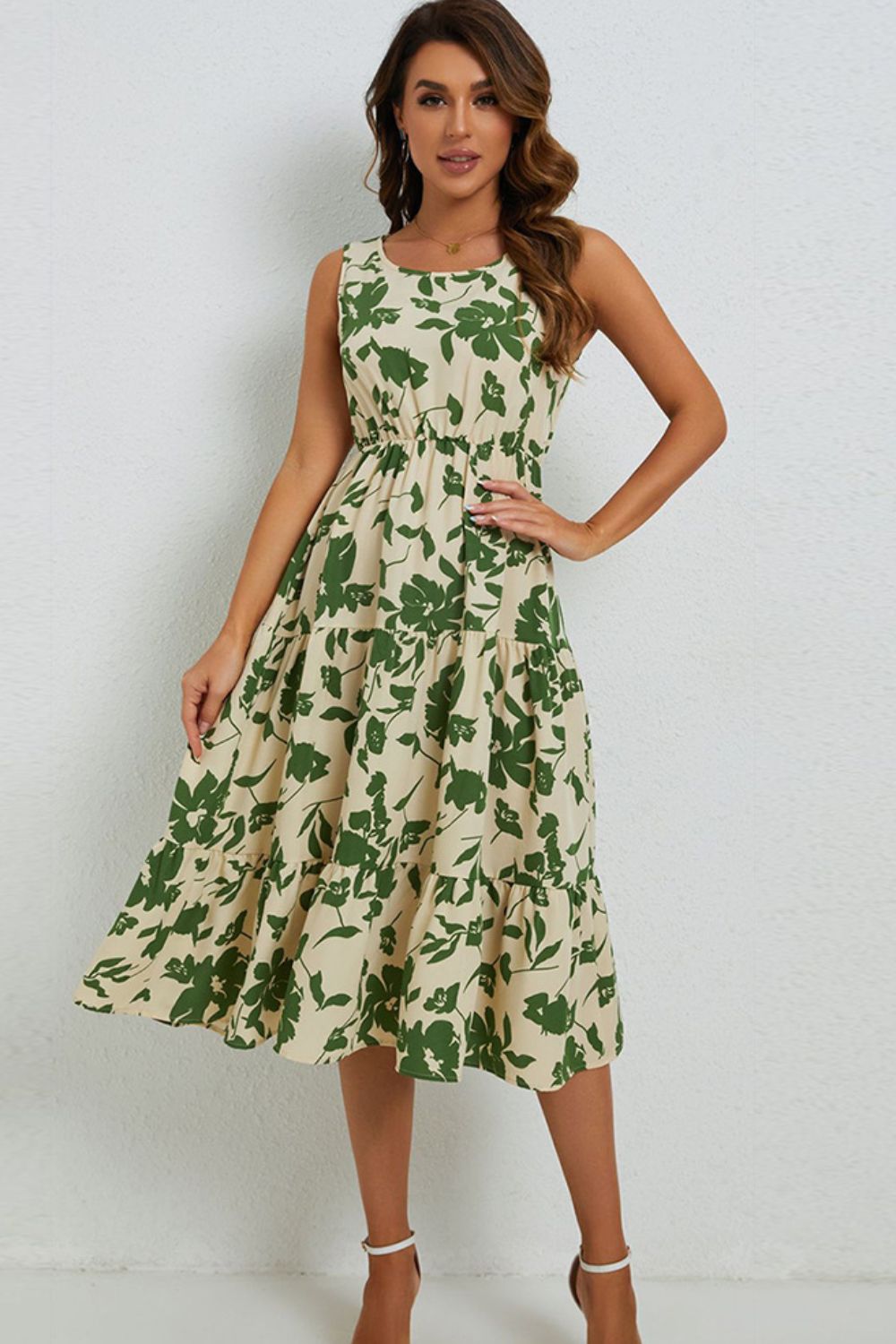 Floral Round Neck Tiered Sleeveless Dress by Faz