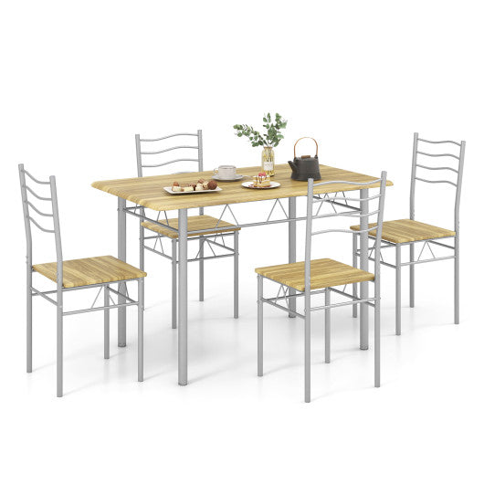 5 Pieces Wood Metal Dining Table Set with 4 Chairs-Walnut