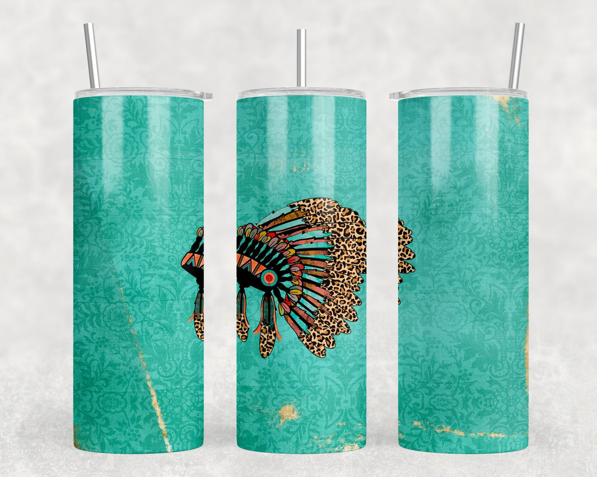 Distressed Turquoise Headdress - 20 oz Steel Skinny Tumbler - Optional Blue Tooth Speaker - Speaker Color will Vary by Rowdy Ridge Co