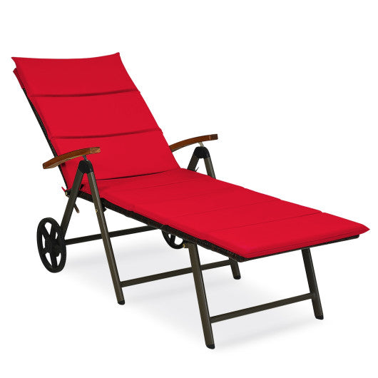 Outdoor Chaise Lounge Chair Rattan Lounger Recliner Chair-Red