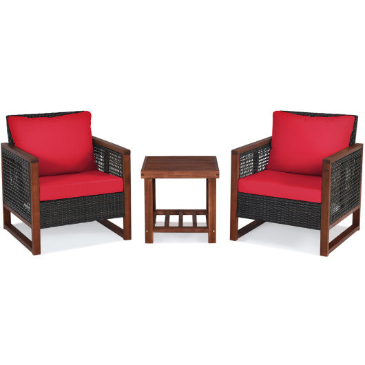 3 Pieces Acacia Wood Patio Furniture Set with Coffee Table-Red