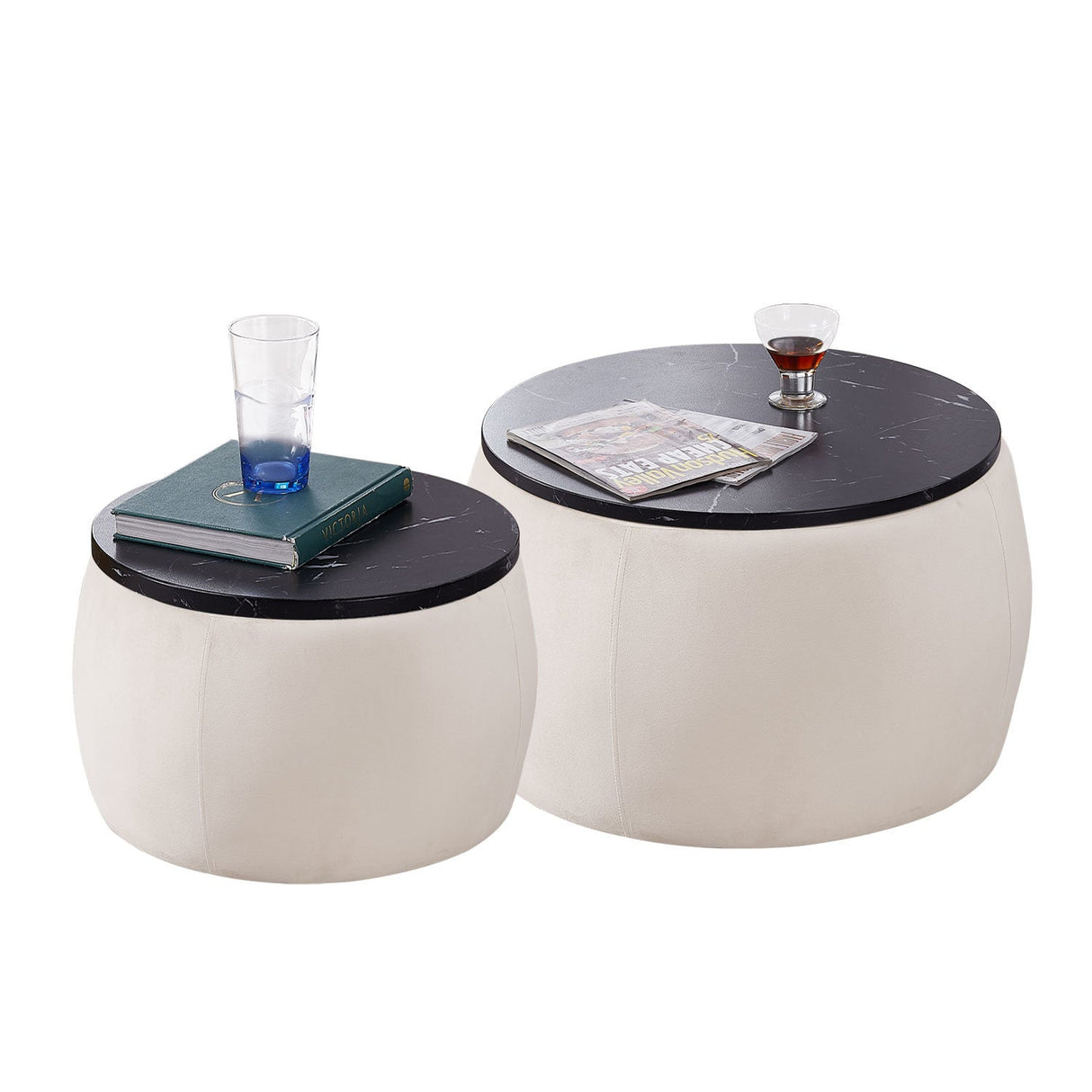 Set of 2 Nesting Round Storage Ottoman, Coffee TableS Footstool with MDF Cover by Blak Hom