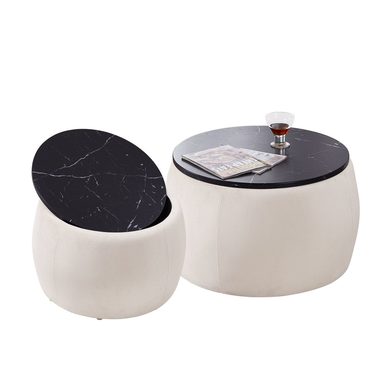 Set of 2 Nesting Round Storage Ottoman, Coffee TableS Footstool with MDF Cover by Blak Hom