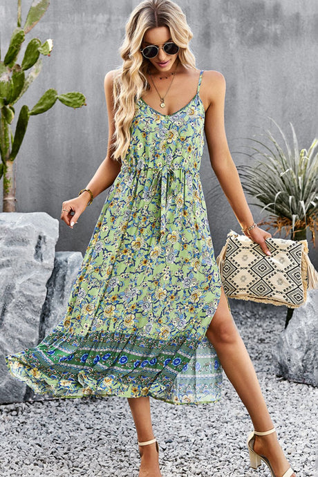 Bohemian Spaghetti Strap Drawstring Slit Dress by Faz