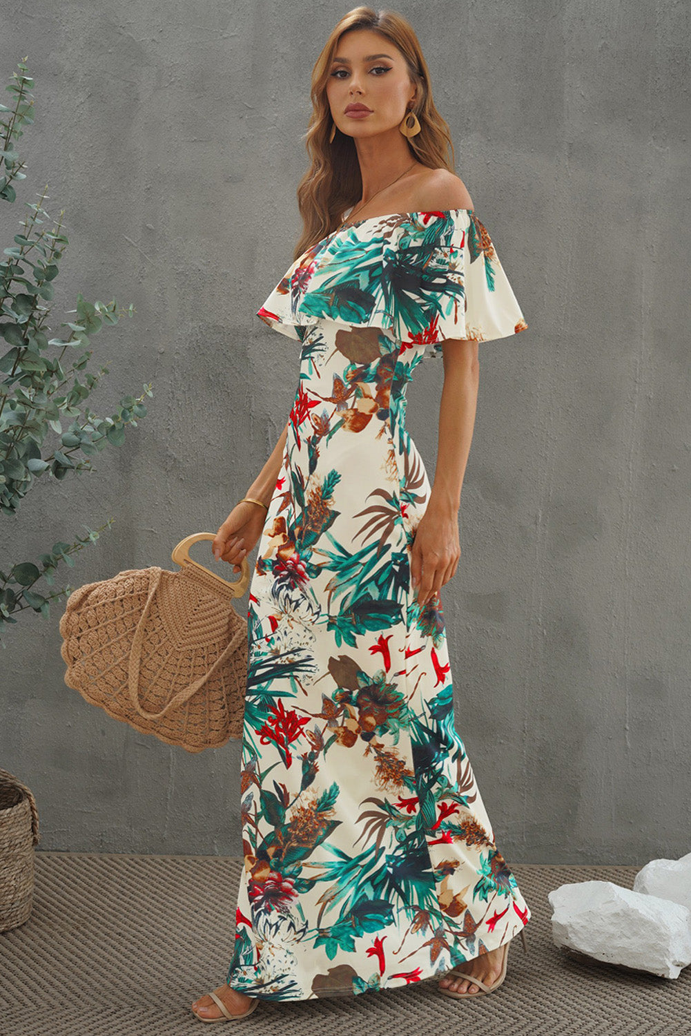 Floral Layered Off-Shoulder Maxi Dress by Faz