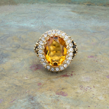 Vintage Amethyst and Clear Crystal 18k Antiqued Yellow Gold Electroplated Ring Made in the USA by PVD Vintage Jewelry