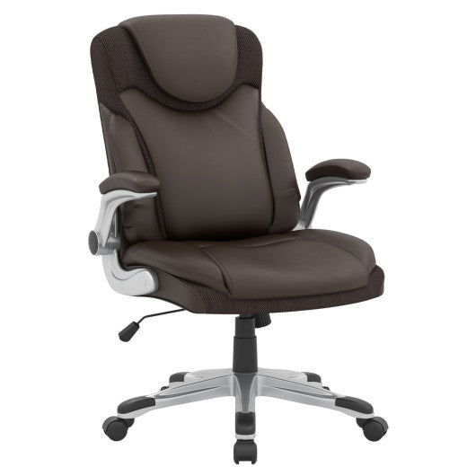 Ergonomic Office PU Leather Executive Chair with Flip-up Armrests and Rocking Function-Brown