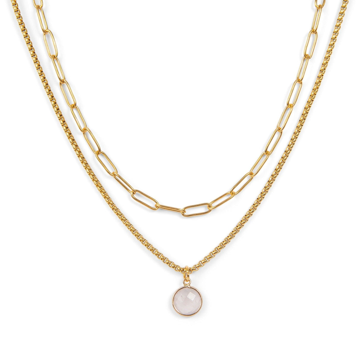 Classic Gold Stone Pendant Necklace Set - Paperclip Chain & White Quartz by ETHICGOODS