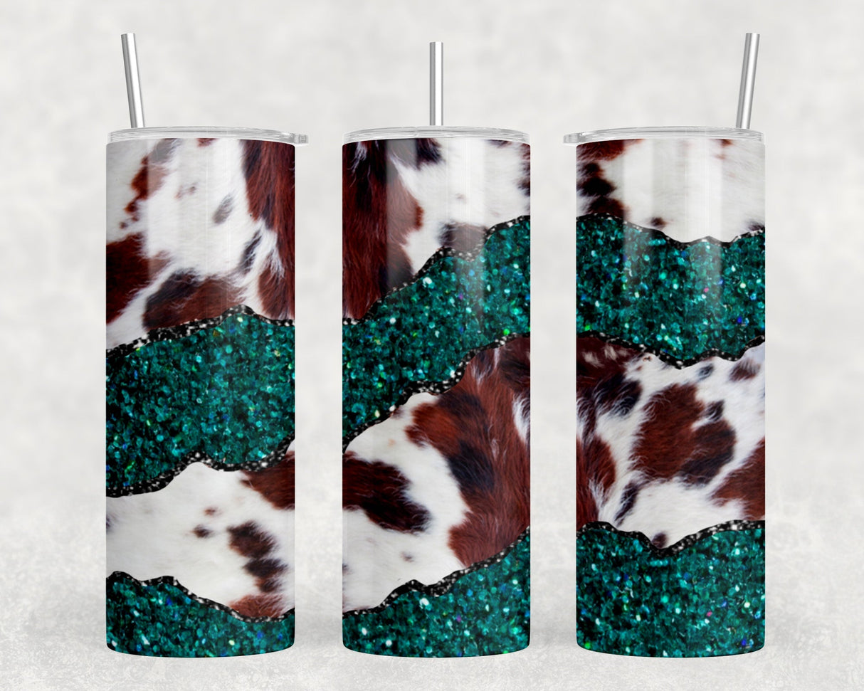 faux cowhide and Teal faux glitter|Skinny Tumbler|Optional Bluetooth Speaker| Speaker Color Varies by Rowdy Ridge Co