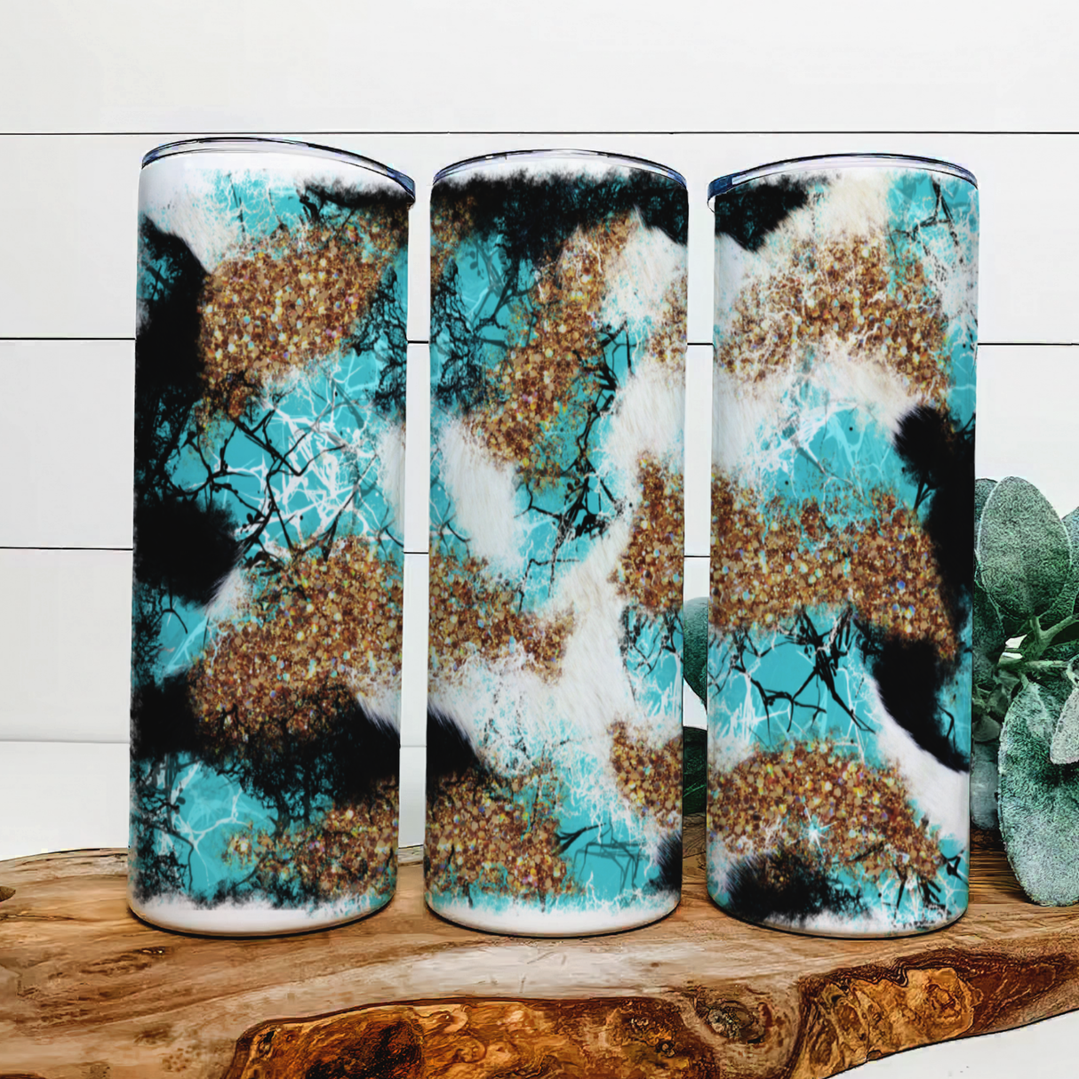 faux cowhide and Turquoise|Skinny Tumbler|Optional Bluetooth Speaker| Speaker Color Varies by Rowdy Ridge Co