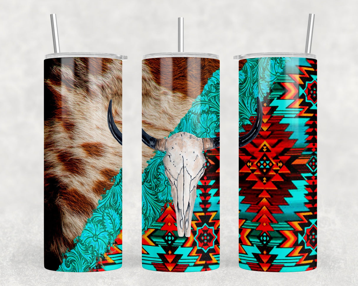 faux cowhide Aztec Bull Skull - 20 oz Steel Skinny Tumbler - Optional Blue Tooth Speaker - Speaker Color will Vary by Rowdy Ridge Co