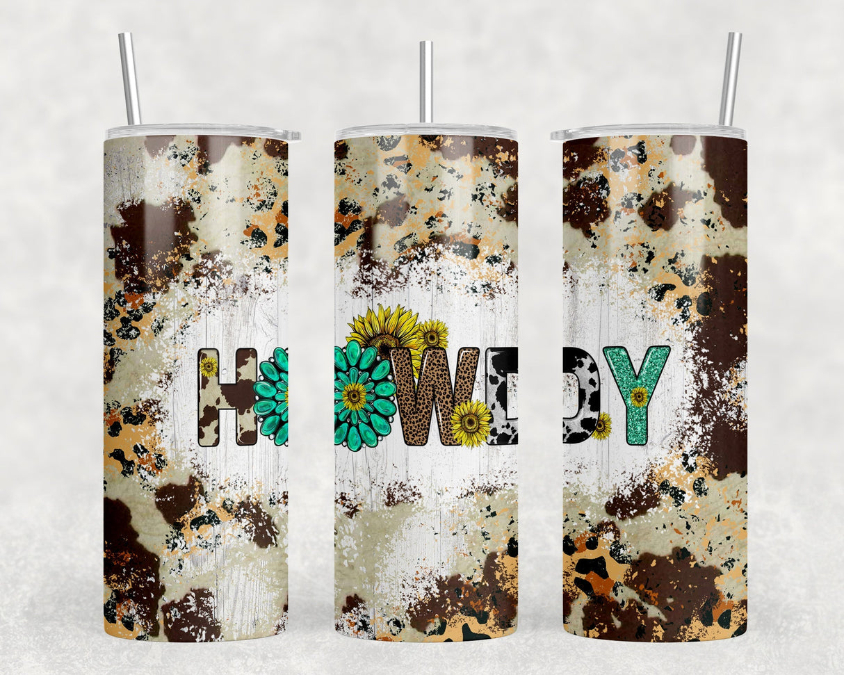 faux cowhide Howdy - 20 oz Steel Skinny Tumbler - Optional Blue Tooth Speaker - Speaker Color will Vary by Rowdy Ridge Co